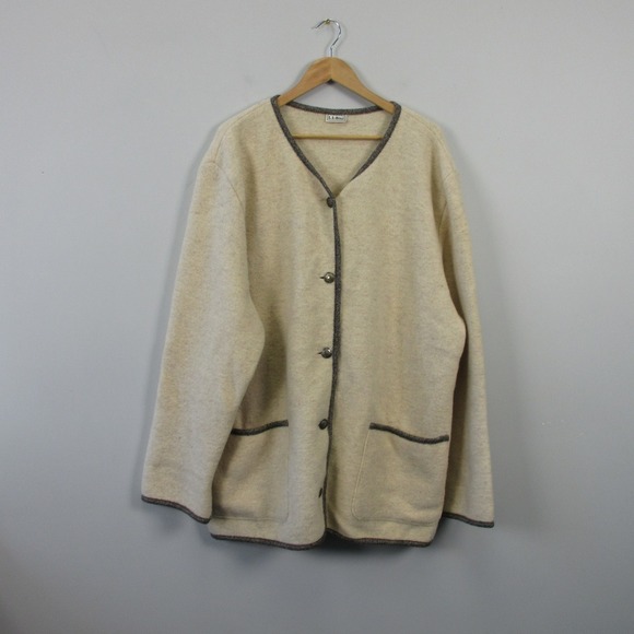 L.L. Bean Vtg Boiled Wool 1980s Cardigan Coat Chore Women Ivory Button XL  984 - Picture 1 of 9